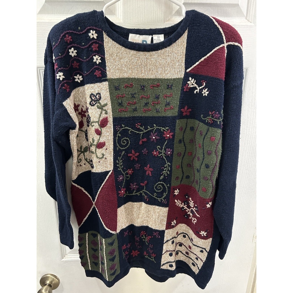 Vintage Patchwork Floral Knit Sweater Paul Harris Design Cottagecore Boho M